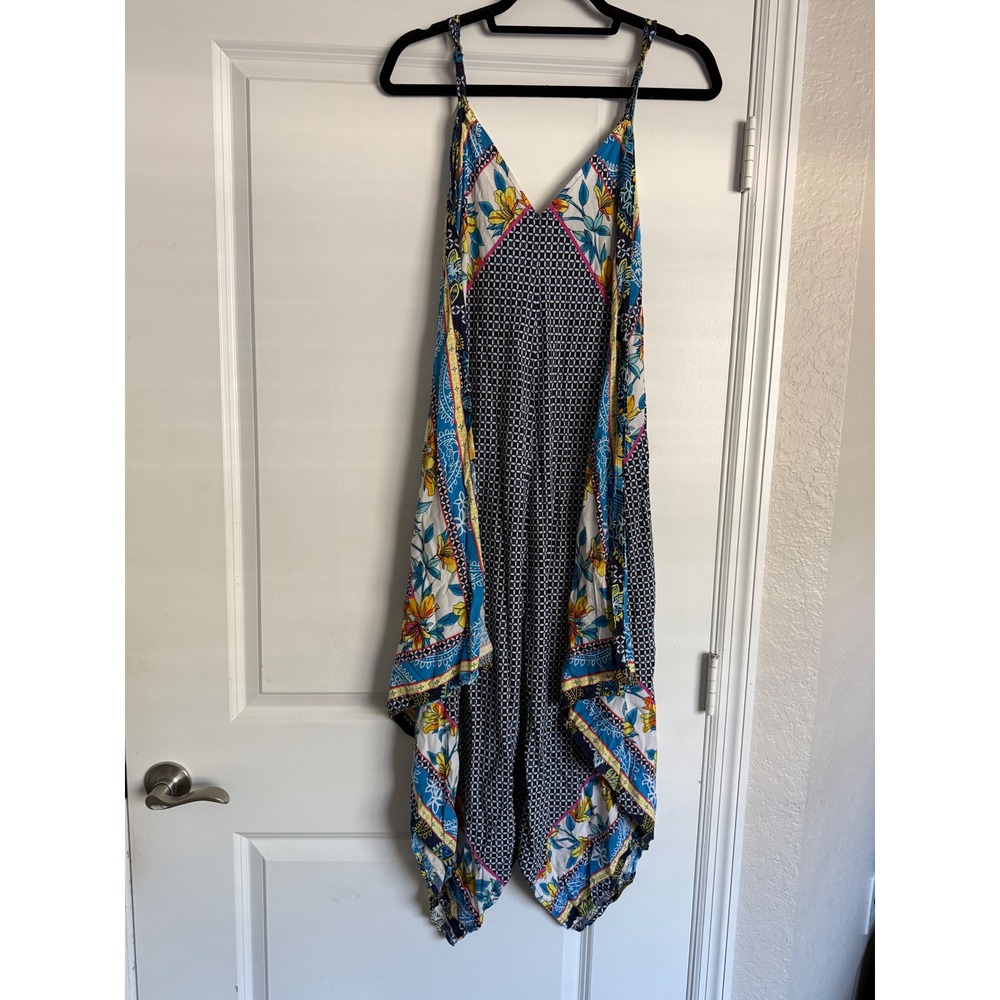 Tommy Bahama Handkerchief Hem Dress L/XL Blue Floral Scarf Print Cover Up